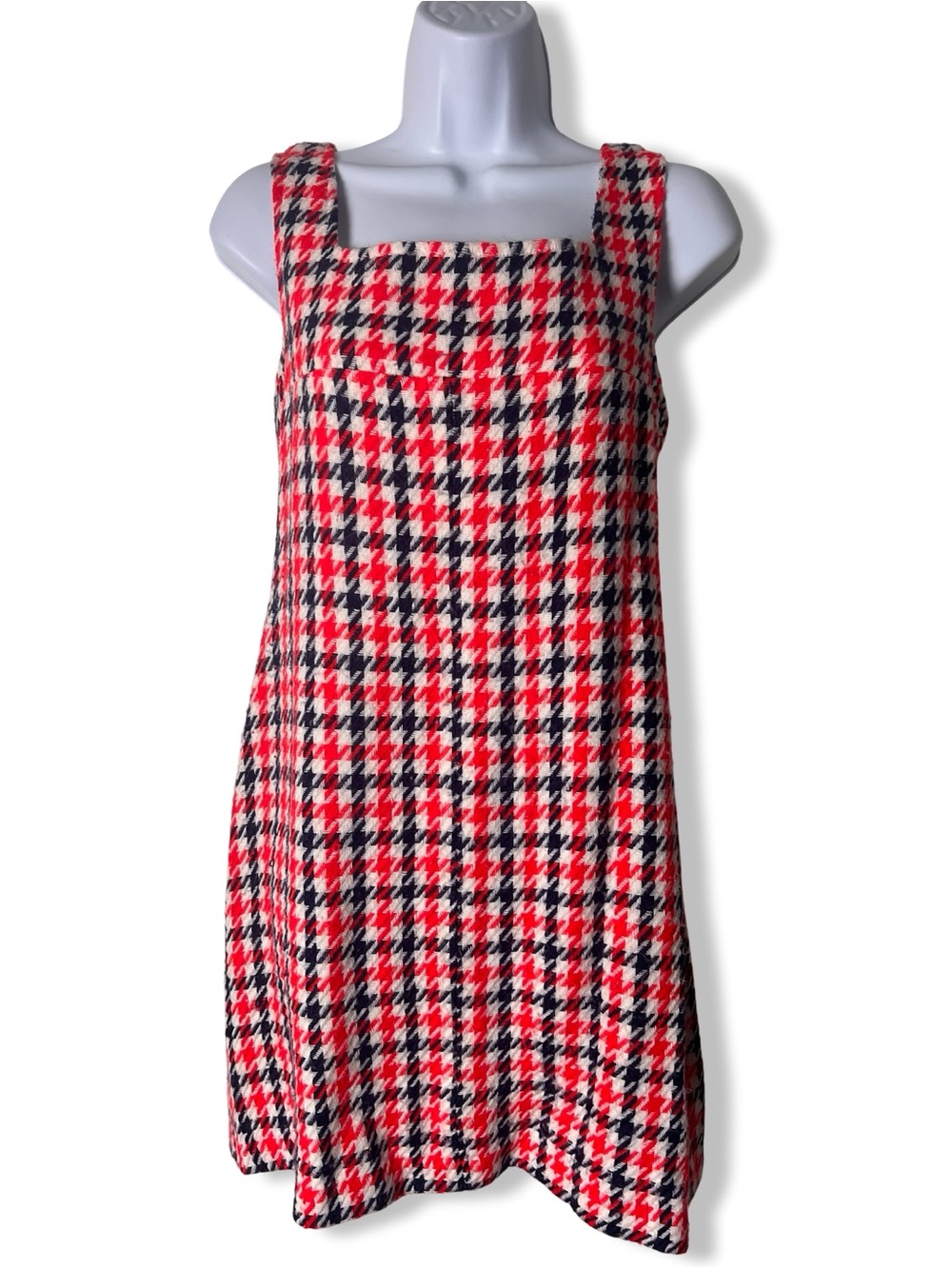Handmade Vintage Houndstooth Sleeveless Shift Dress Red White‎ Blue Woven Sz. M